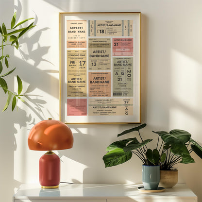 retro home interior with personalised band and artist event ticket stubs on a poster