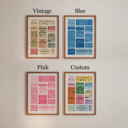 Instant download concert ticket print comes in any colours. Our select schemes are Pink Blue Vintage or fully custom colours.