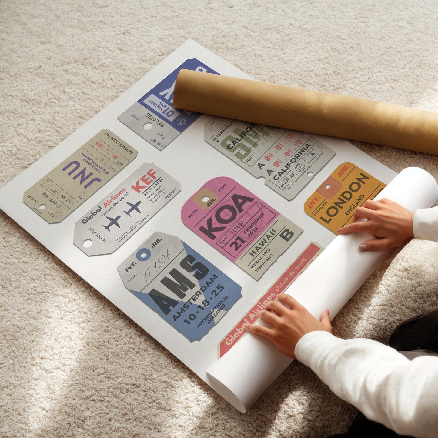 Digital file of customisable bespoke airport luggage tags, printable gift for travellers and nostalgic wall art lovers.