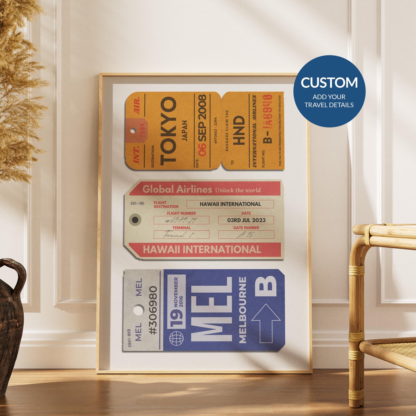 Custom Three Luggage Tags Poster Art Trio Bundle of personalises airport code tags. bold retro vintage or pastel