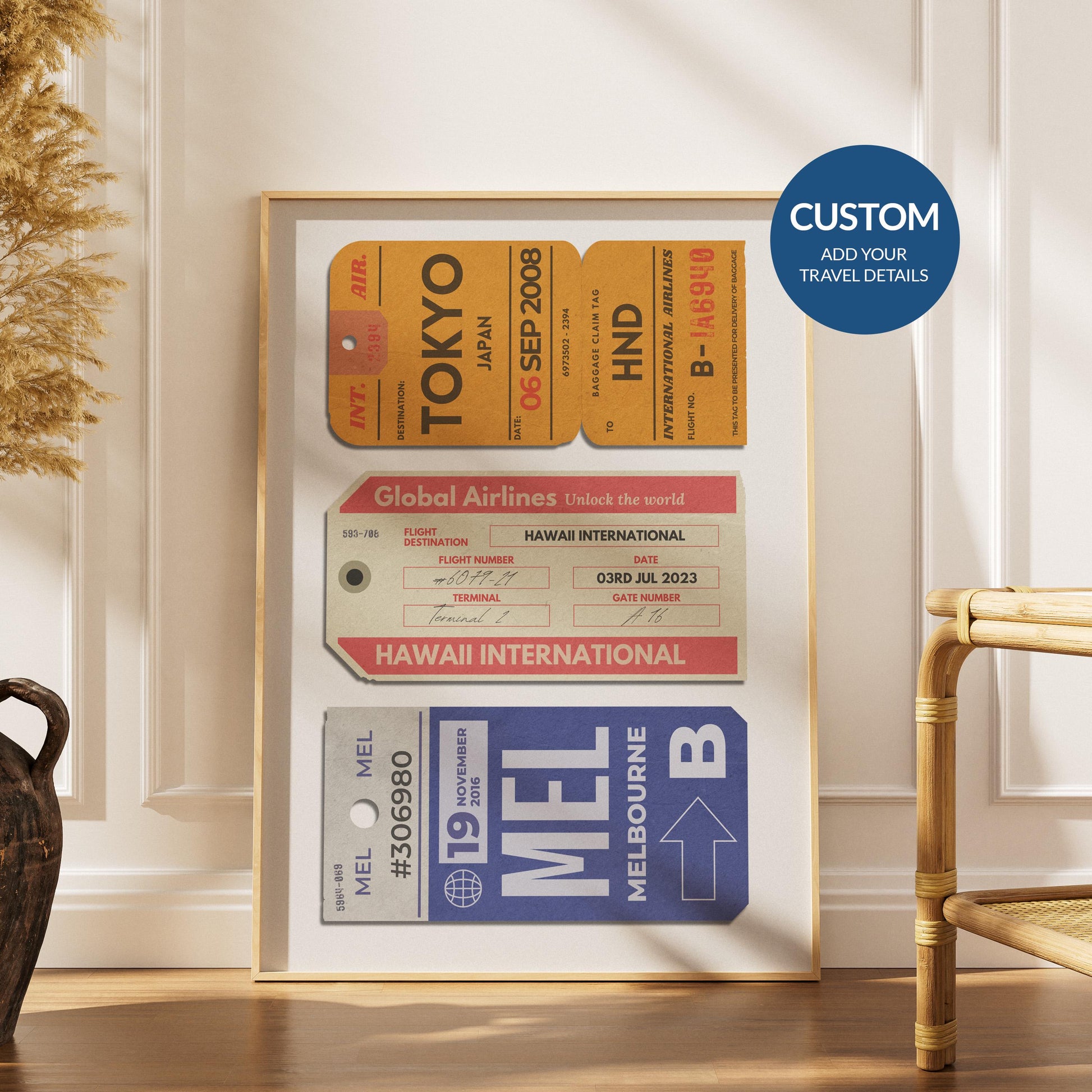 Custom Three Luggage Tags Poster Art Trio Bundle of personalises airport code tags. bold retro vintage or pastel