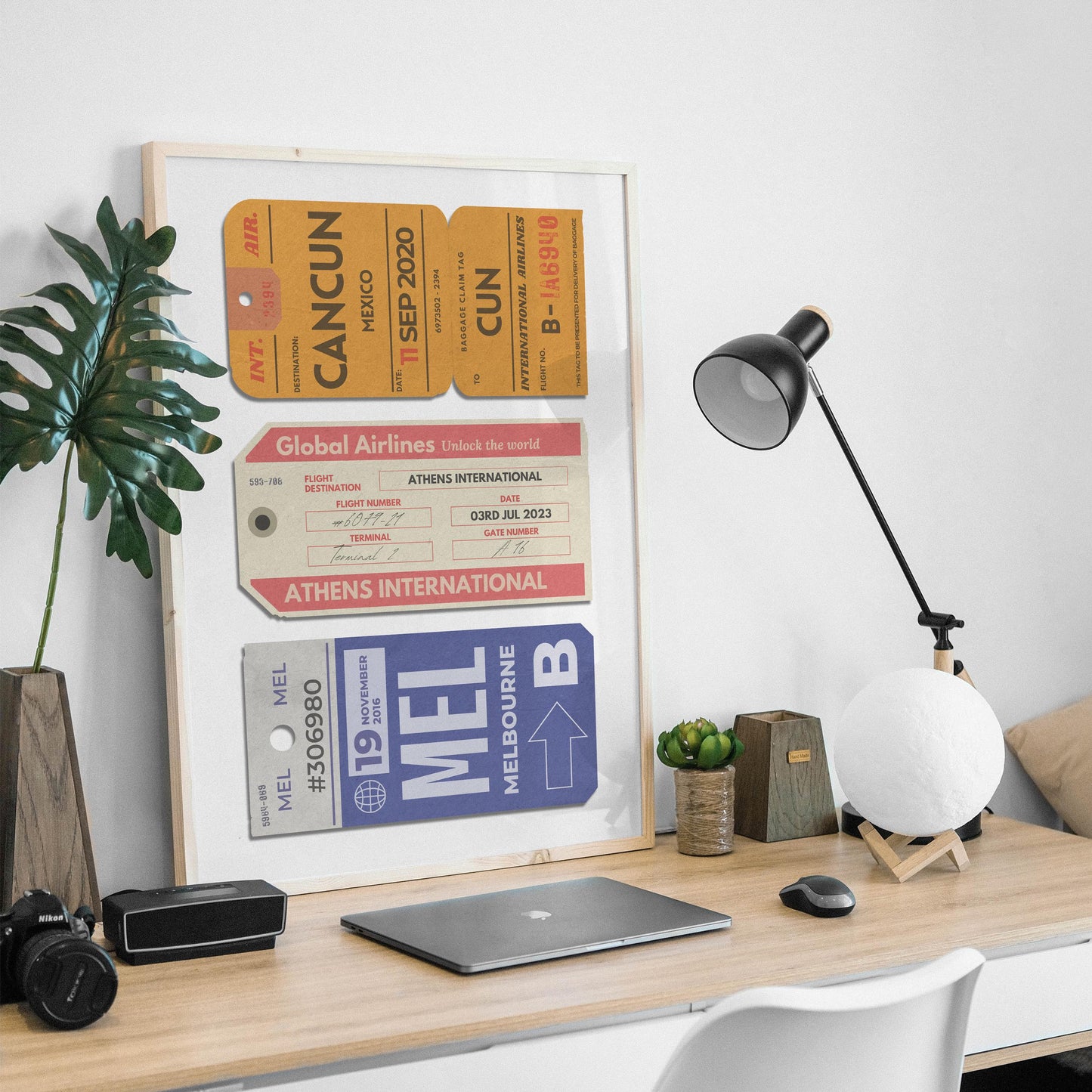 Barcelona, Paris, London, Texas airport code travel art pieces.