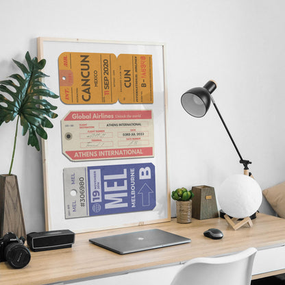 Barcelona, Paris, London, Texas airport code travel art pieces.