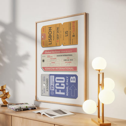 three vintage luggage tag inspired designs on a print. retro colour scheme with bespoke details of travels and holidays