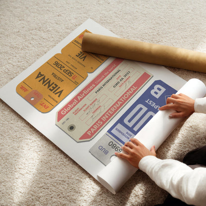Three-ticket custom traveller wall art, vintage-style digitalised print in retro colour palette for holiday and flight lovers.