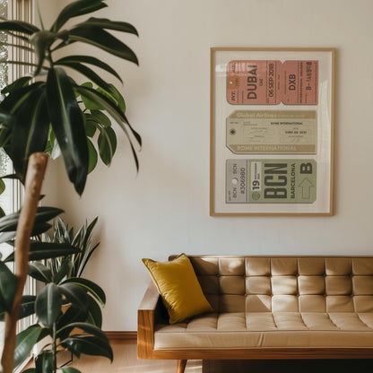 Three-ticket custom traveller wall art, vintage-style digitalised print in retro colour palette for holiday and flight lovers.