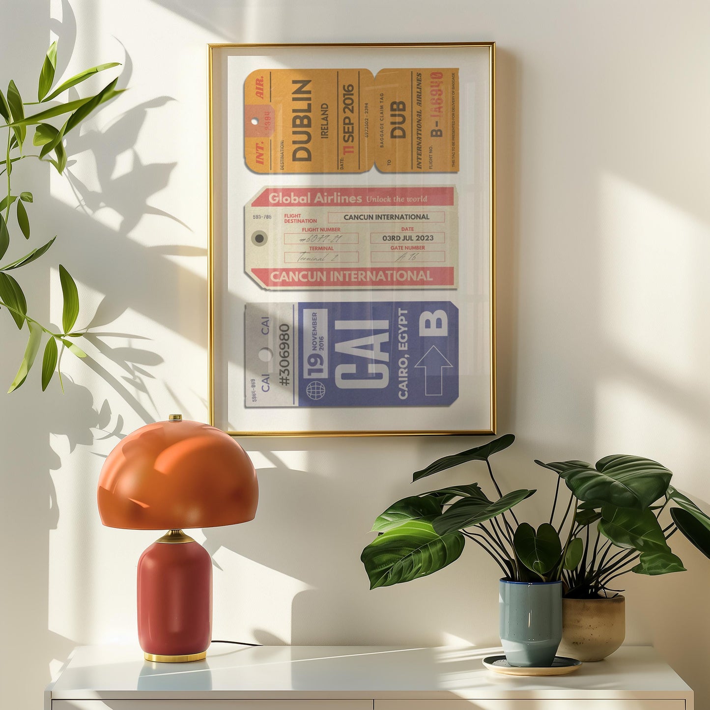 Digital print with trio of customisable passes , retro/vintage colour scheme, perfect backpacking keepsake art in bedroom.