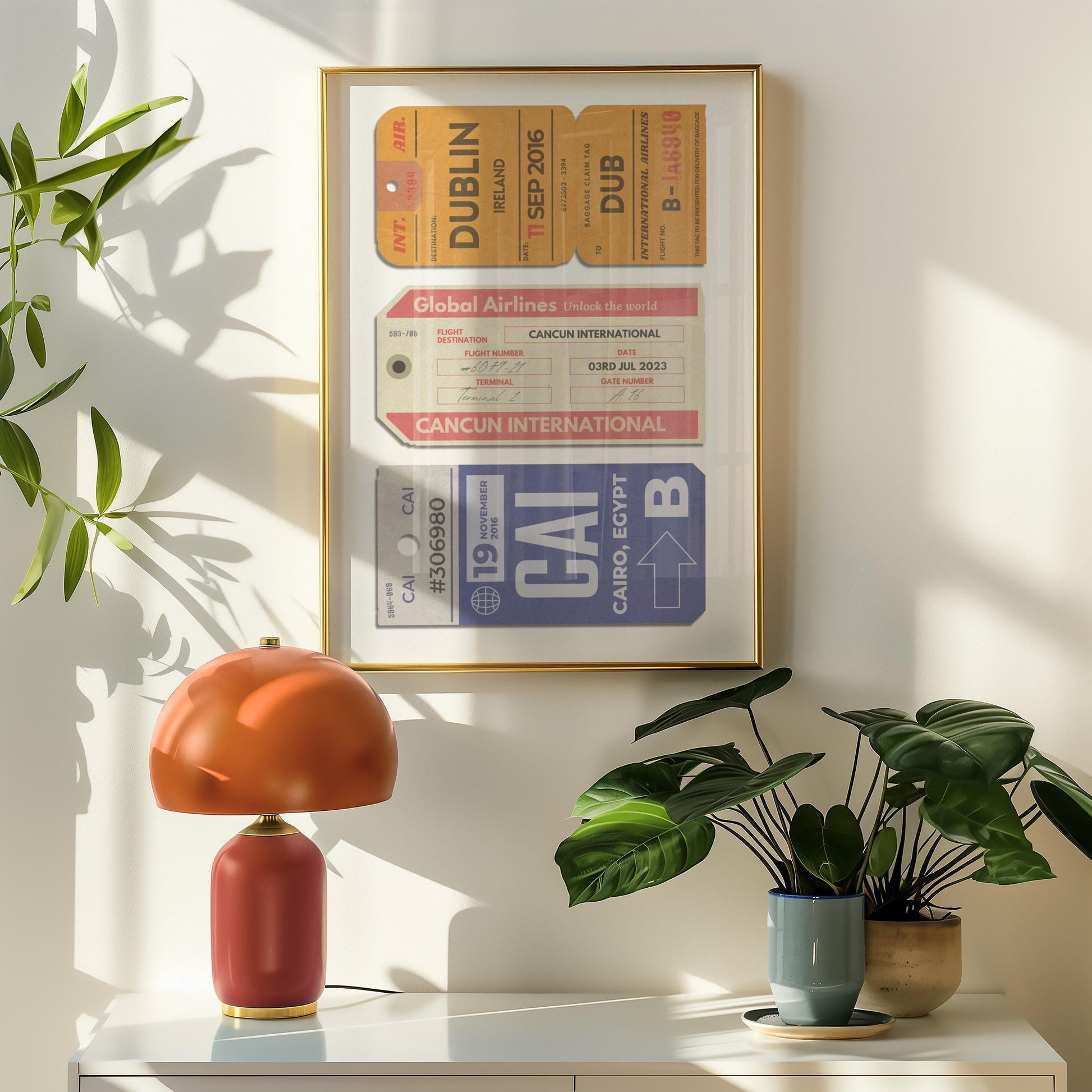 Digital print with trio of customisable passes , retro/vintage colour scheme, perfect backpacking keepsake art in bedroom.