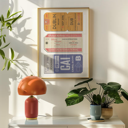 Digital print with trio of customisable passes , retro/vintage colour scheme, perfect backpacking keepsake art in bedroom.