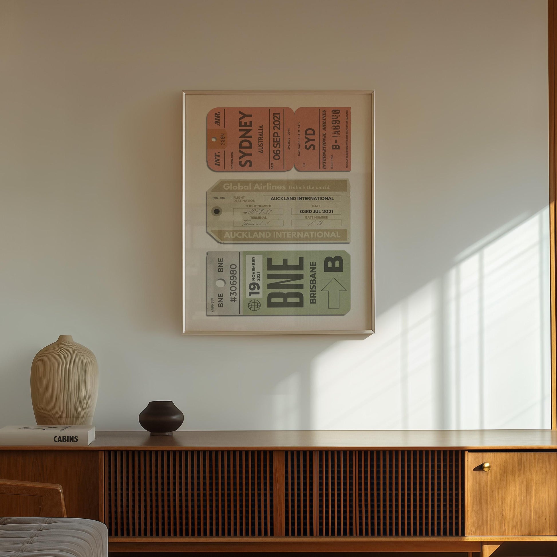 nostalgic style luggage tickets in old muted colour scheme on personalised poster.