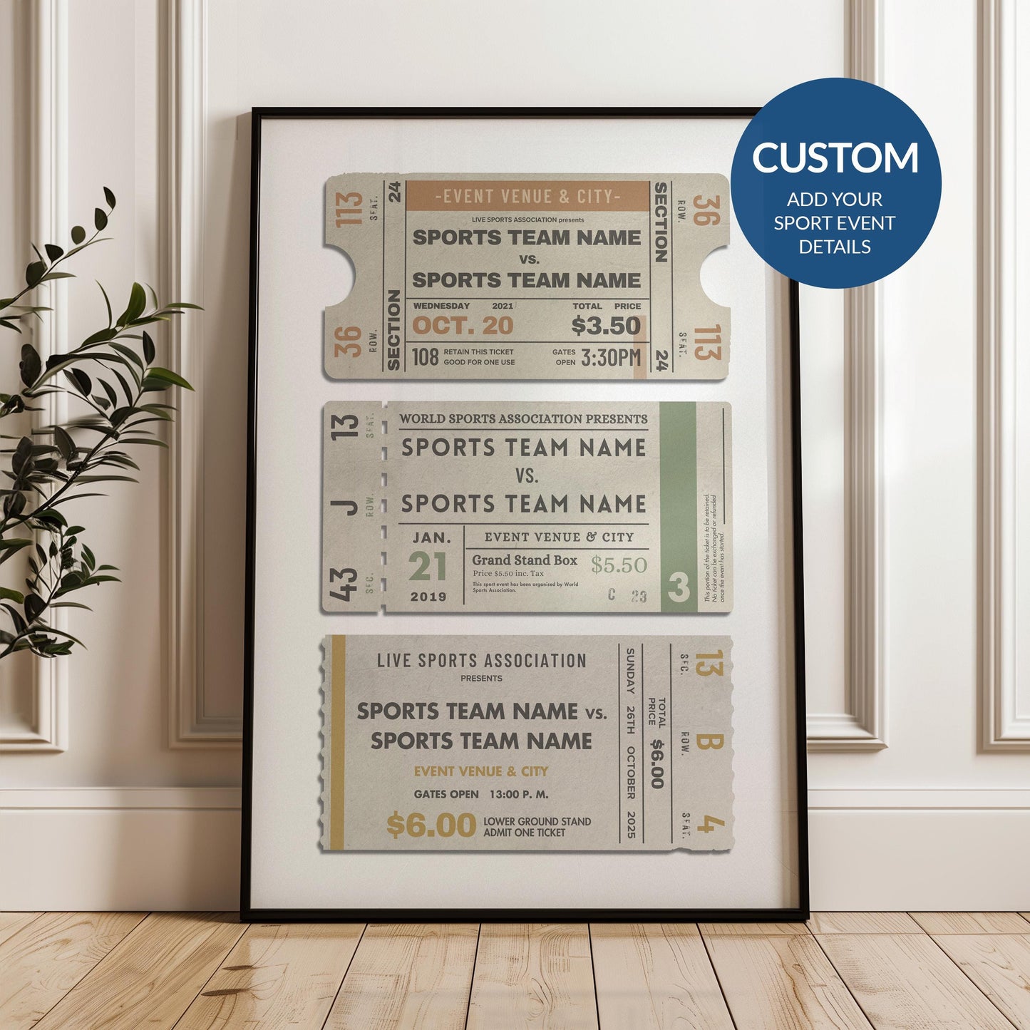 a trio of retro sports ticket stubs featuring your personal favourite sporting events.