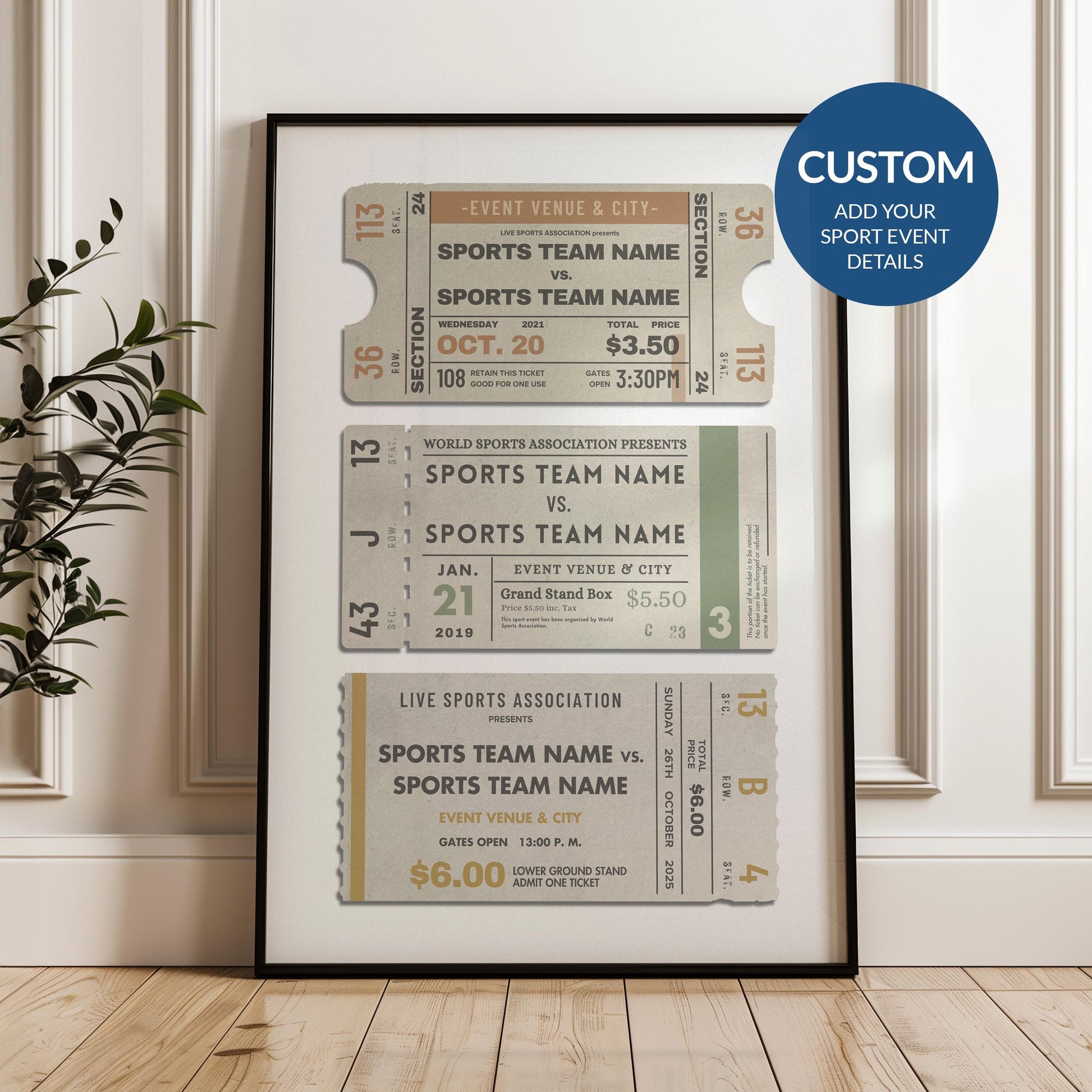 a trio of retro sports ticket stubs featuring your personal favourite sporting events.