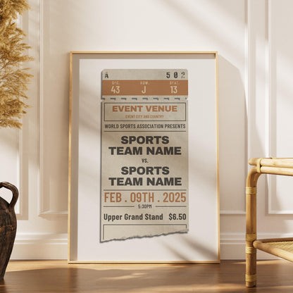 mens home gifts for wall decor. blue and beige colour worn retro event stub custom sports game event details.
