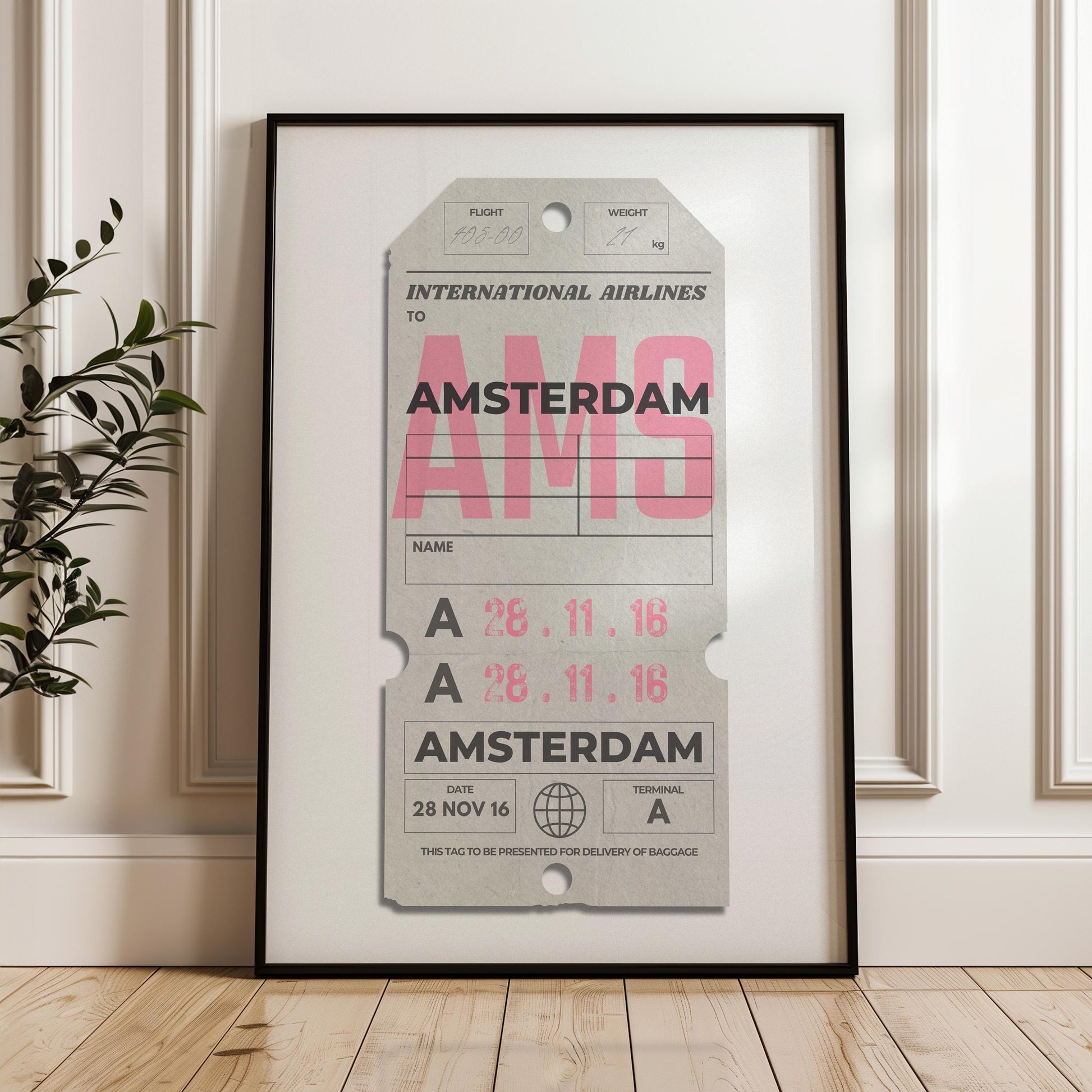 Framed cream departures tags travel print leaning on floor, bespoke holiday travel gift for flights and memory keepsakes.