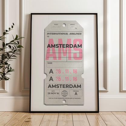 Framed cream departures tags travel print leaning on floor, bespoke holiday travel gift for flights and memory keepsakes.