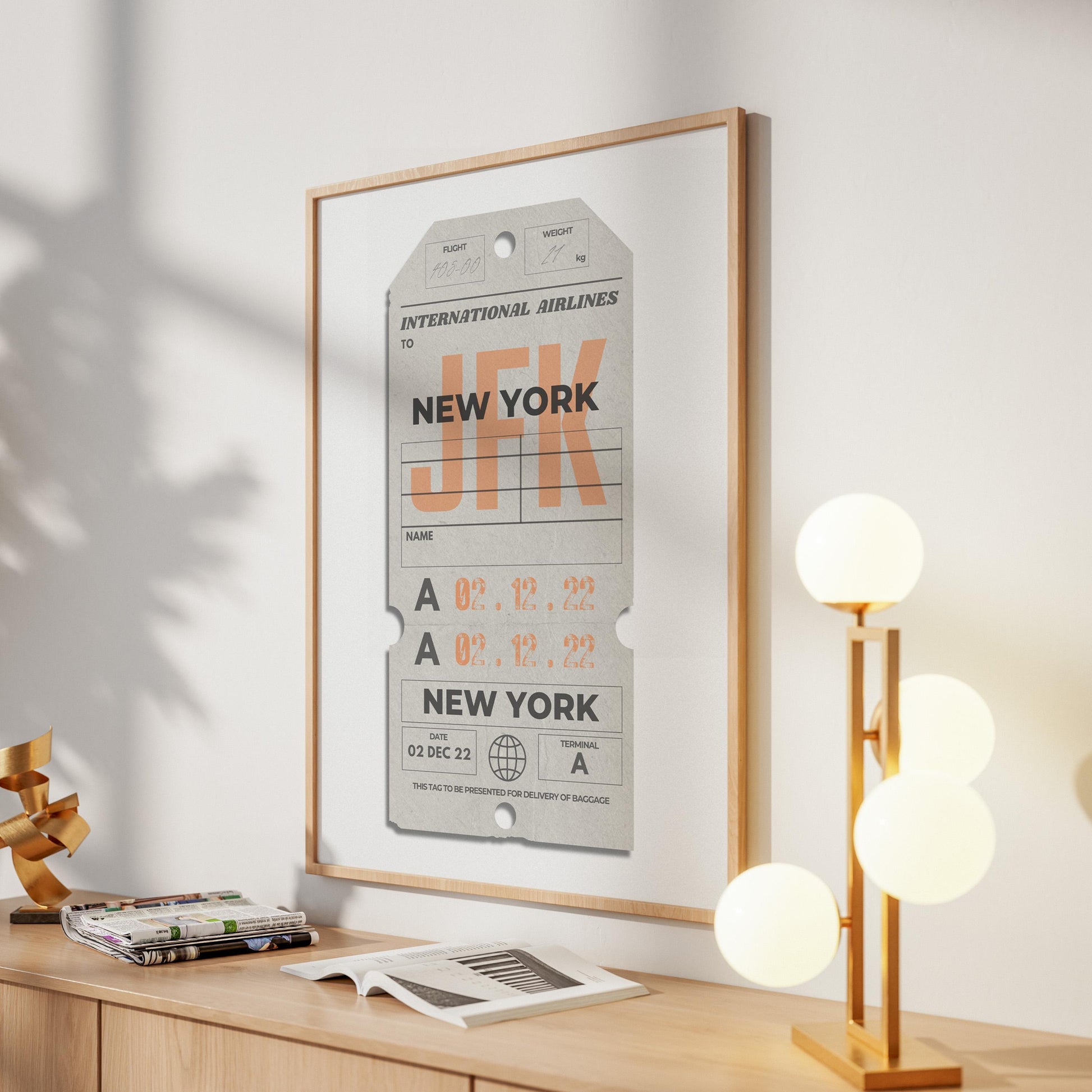 framed beige luggage tag vintage poster, perfect nostalgic travel gift for flights, holidays, and airport memories.