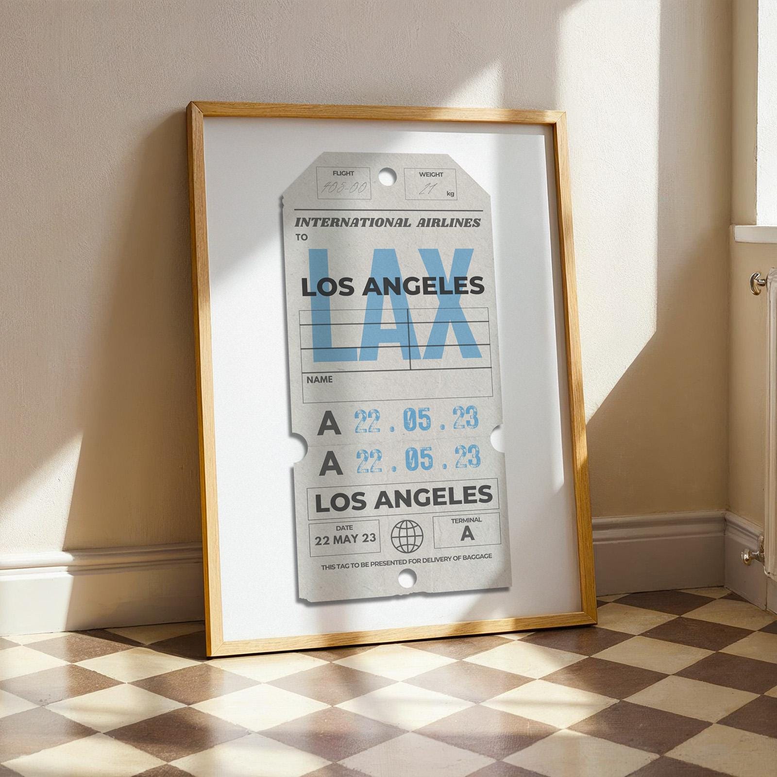 Cream luggage tag print, bespoke vintage traveller gift for holidays, flights, and keepsake memories.