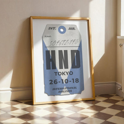 Blue luggage tag vintage poster, trendy framed print, perfect bespoke gift for travellers and holiday memories.