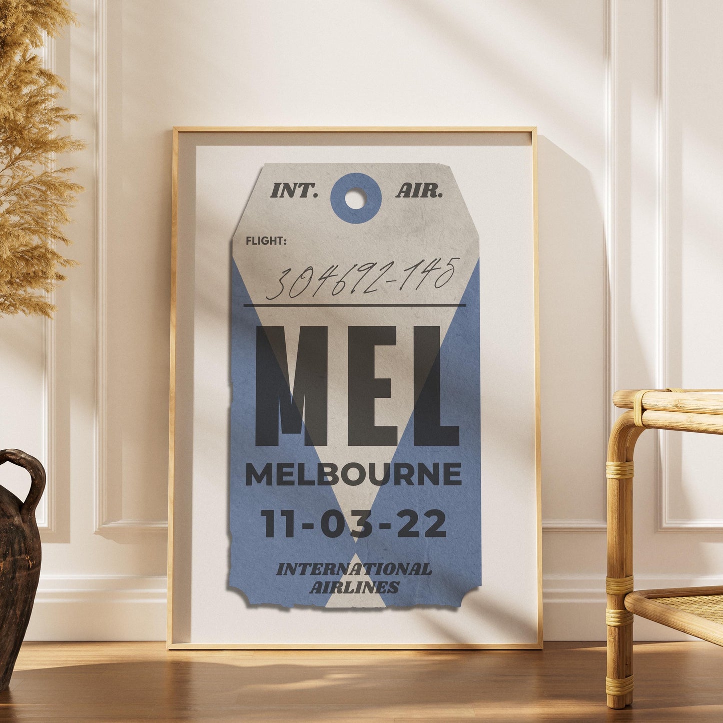 leaning on wall bespoke flight pass wall art, personalised gift for nostalgic travel memories and holiday flights.
