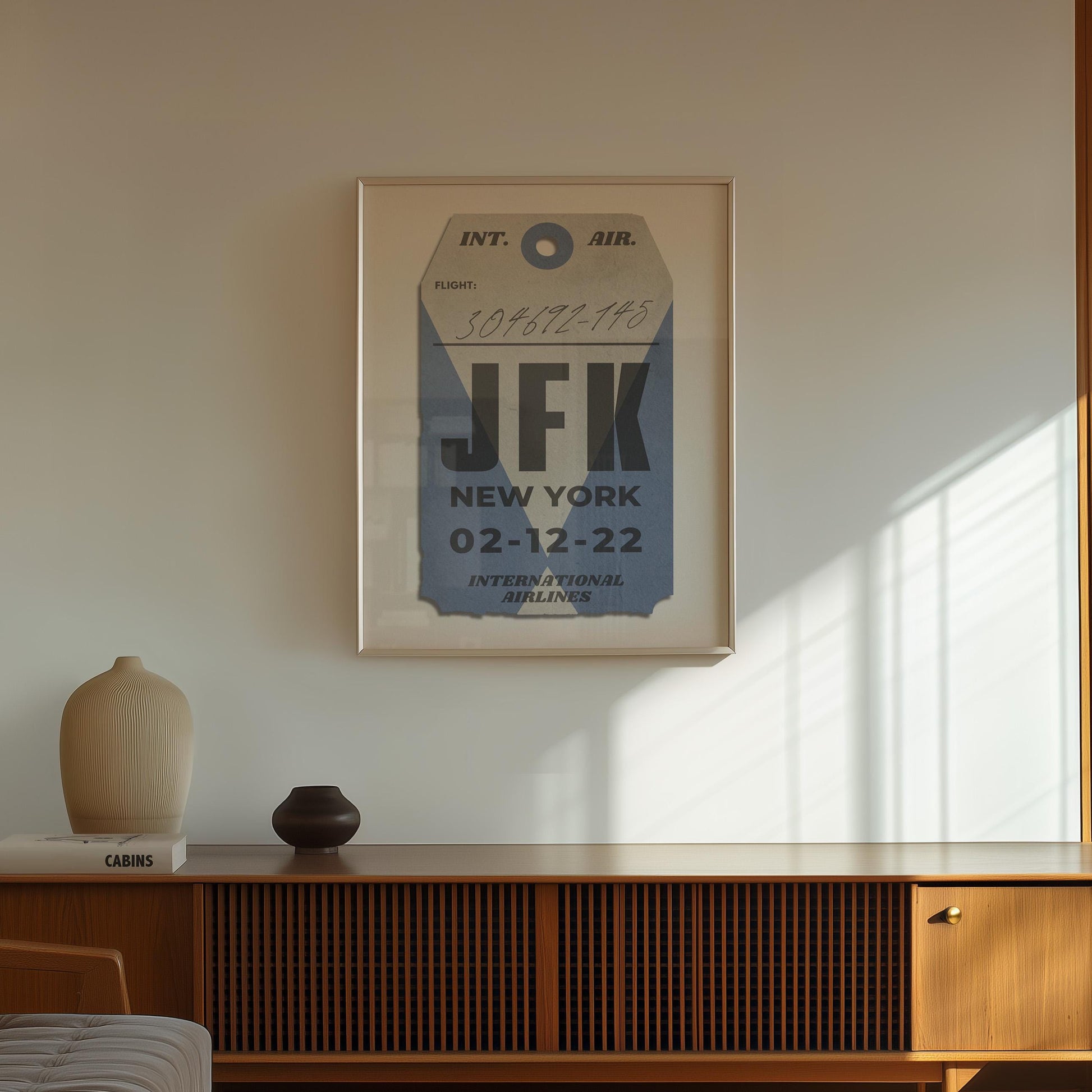 Blue luggage tag vintage poster, black frame print in kitchen, bespoke gift for holiday travel and memories.