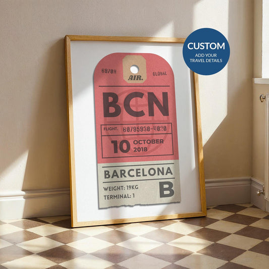 one of a kind red luggage tag poster, bespoke vintage travel gift perfect for holiday flights and keepsake memories.