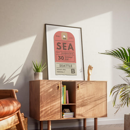 Personalised colourful airport pass travel print, ideal nostalgic travel gift for holidays and airport decor.