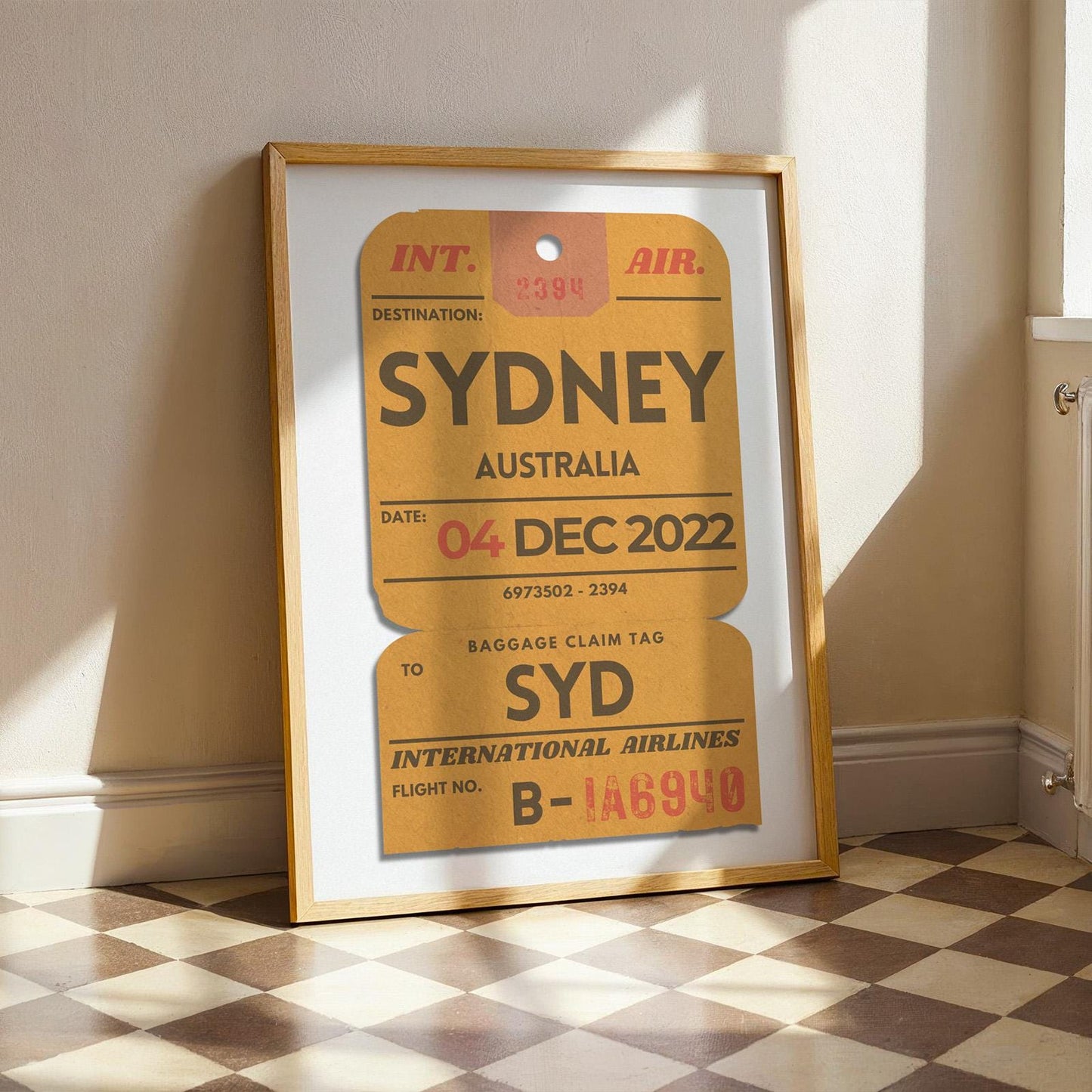 Bold yellow airport ticket artwork, personalised travel gift and keepsake for holiday lovers.