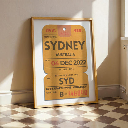 Bold yellow airport ticket artwork, personalised travel gift and keepsake for holiday lovers.