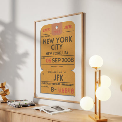 Printable yellow luggage tag poster, vintage gift idea for flights, holidays, and nostalgic airport memories.