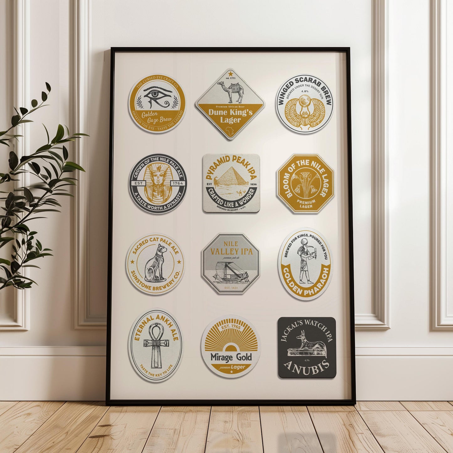 Framed African travel pint wall art leaning on counter in kitchen. Perfect trendy beer gift for man cave, pub, or holiday décor.