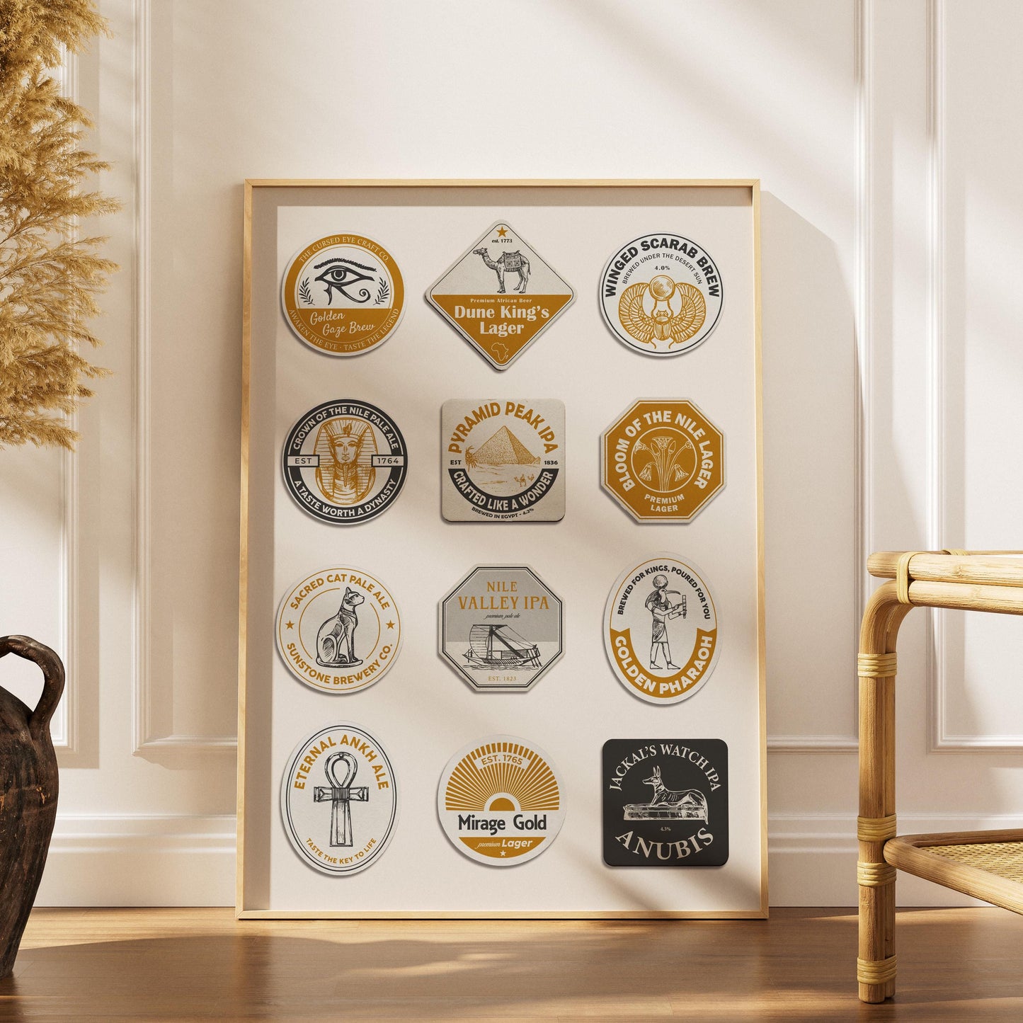 Instant download Egypt beer mat print with Valley of Kings and pharaohs. Great gift for beer lovers and home bar décor.
