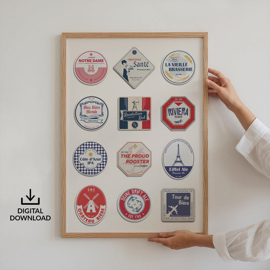 Digital France travel beer mat poster with Eiffel Tower, vineyards - perfect pub dad gift and traveller holiday art.