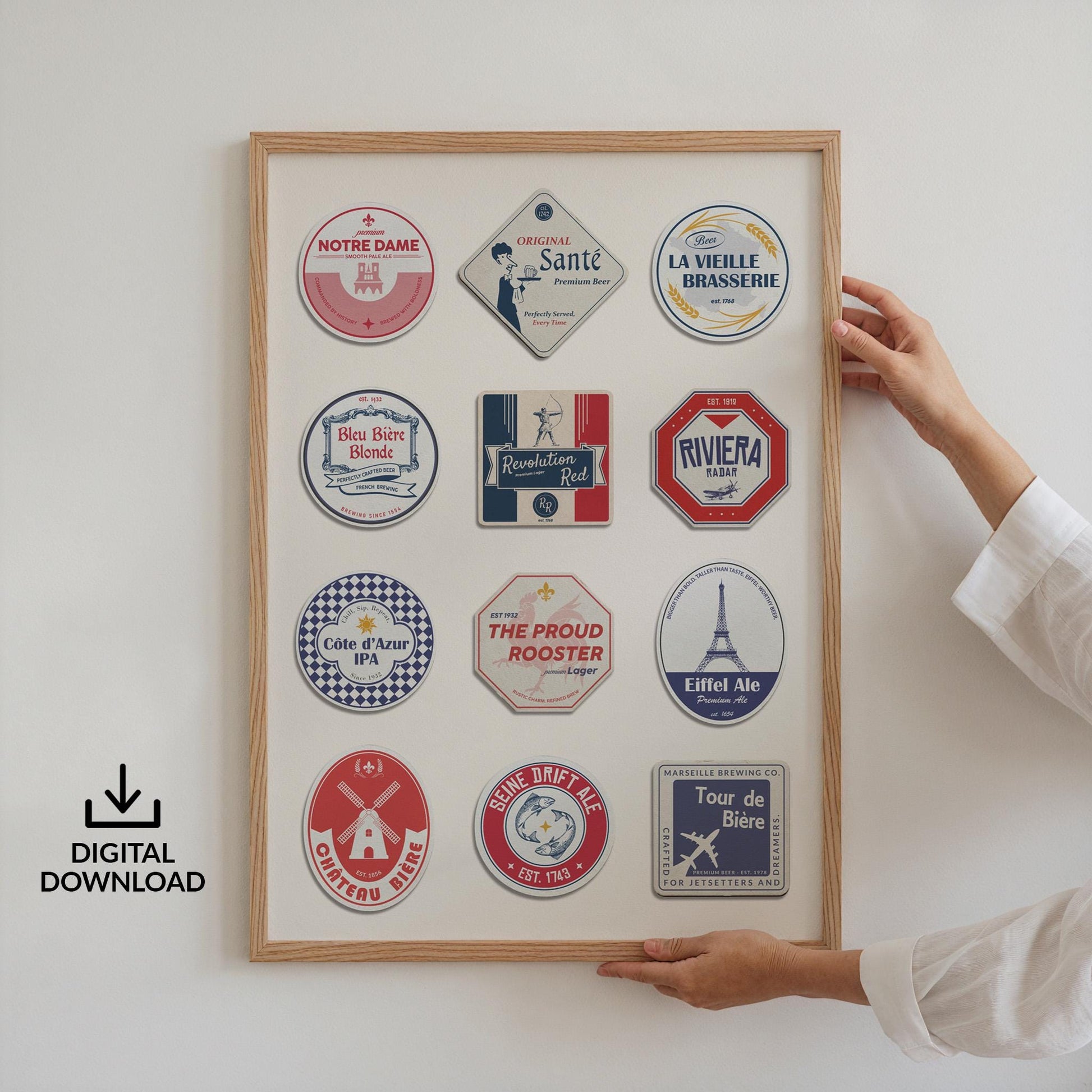 Digital France travel beer mat poster with Eiffel Tower, vineyards - perfect pub dad gift and traveller holiday art.