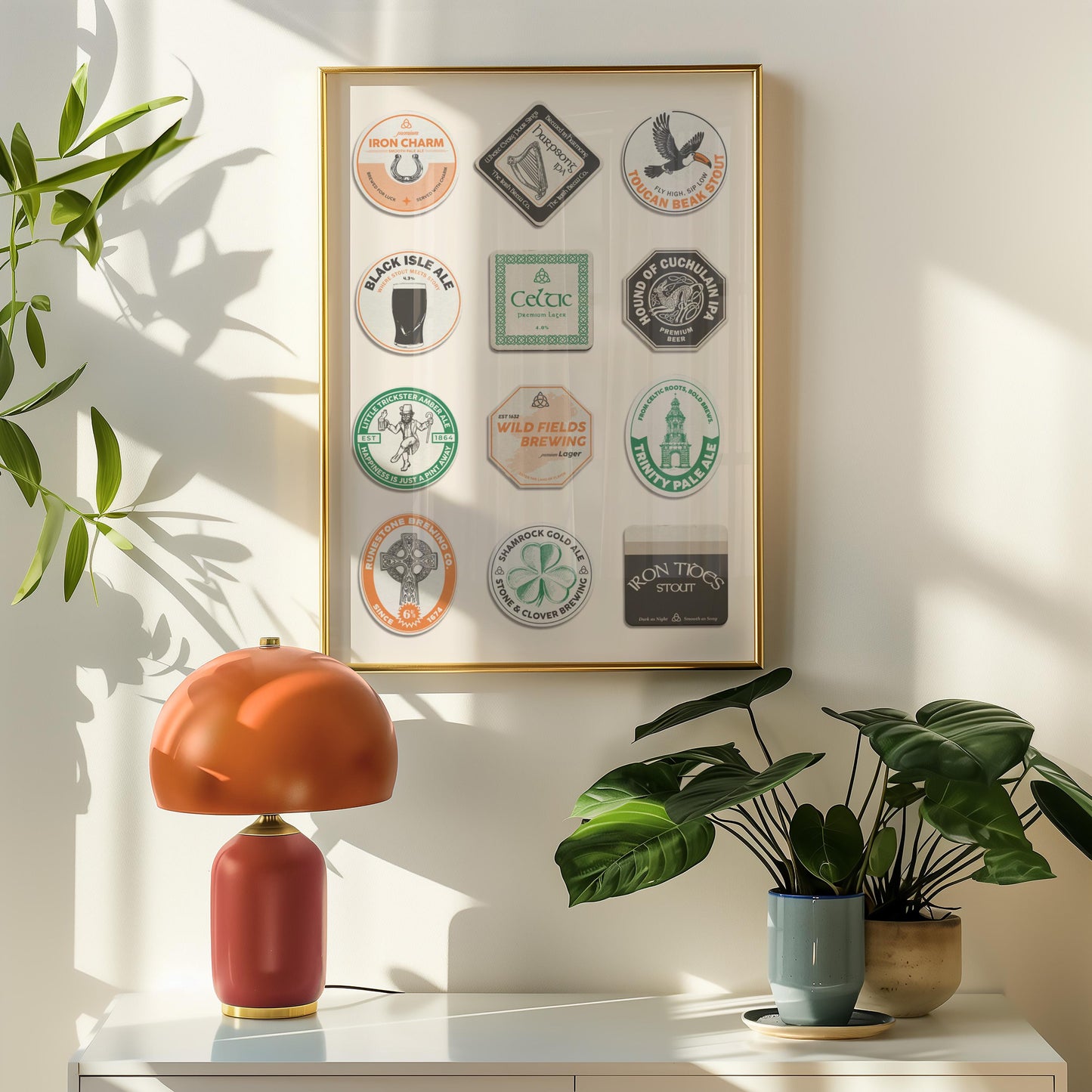 Framed Irish pub wall art with Irish stout, shamrock, and Dublin views. Perfect wall art gift for pub lovers.