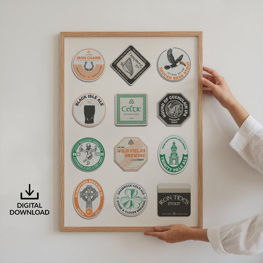 Printable Ireland beer mat art with stout, leprechaun hat, and lucky shamrock. Perfect stylish modern instant gift.