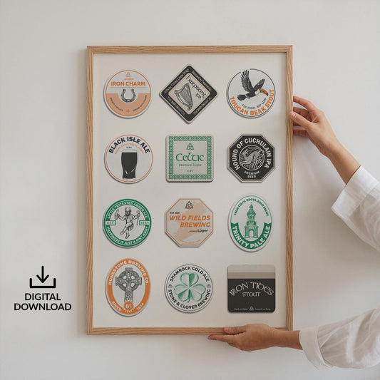Printable Ireland beer mat art with stout, leprechaun hat, and lucky shamrock. Perfect stylish modern instant gift.