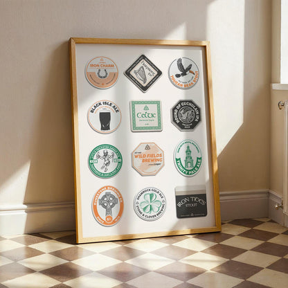 Ireland digital beer mat poster featuring stout, shamrocks, and Trinity College. Easy pub gift idea.