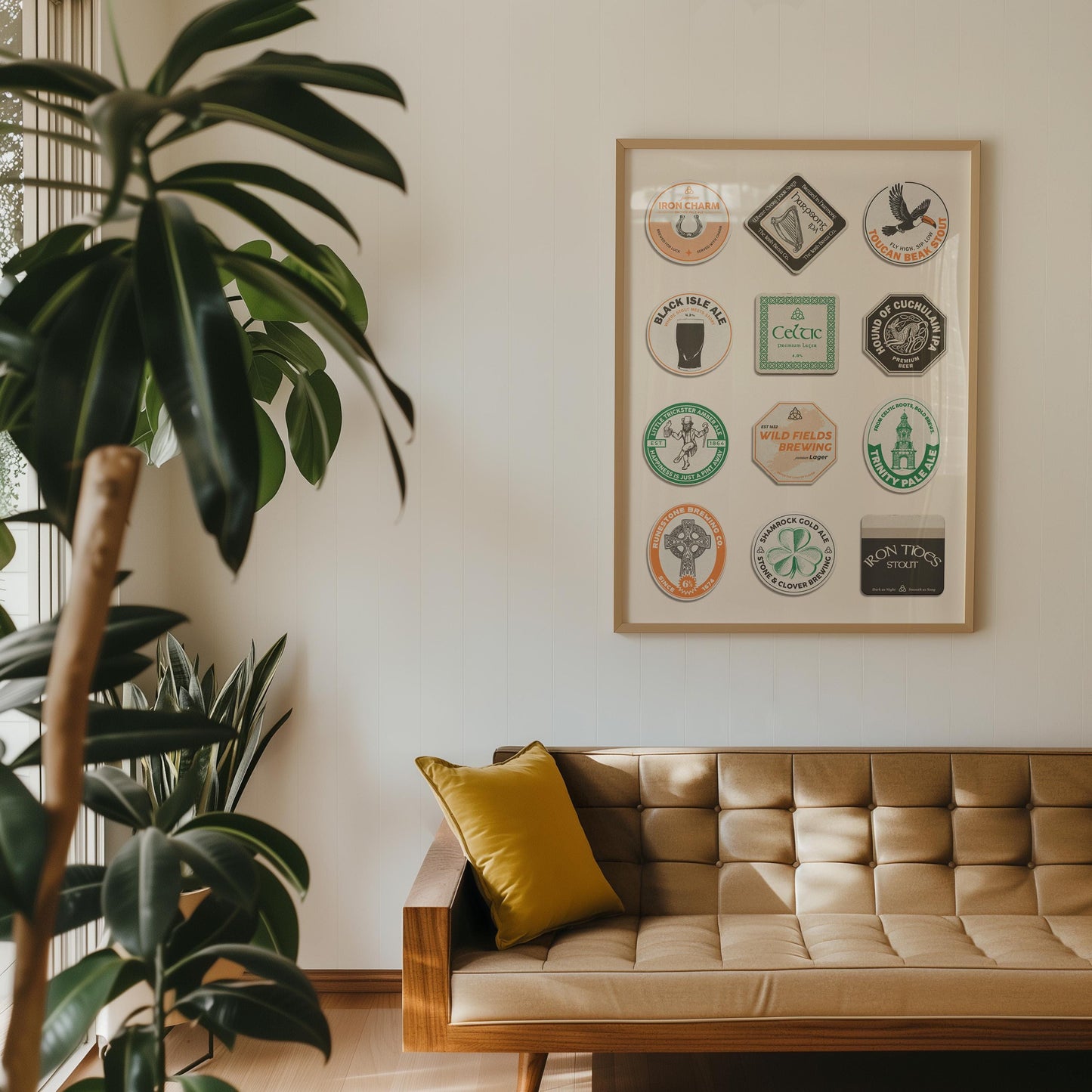 old school home interior with a large plant and brown sofa. Ireland beer mat designs in a travel inspired poster on the wall giving a retro charm.