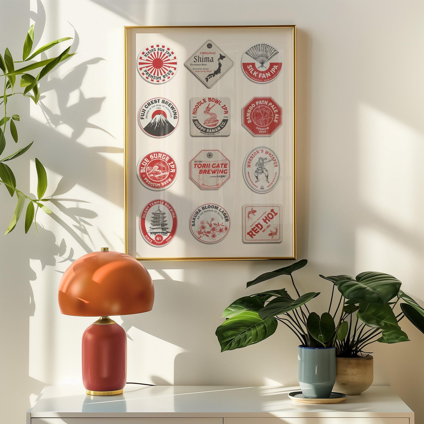 Framed Japanese coaster travel art with Kyoto temples, Tokyo skyline, great for home bar or living room display.