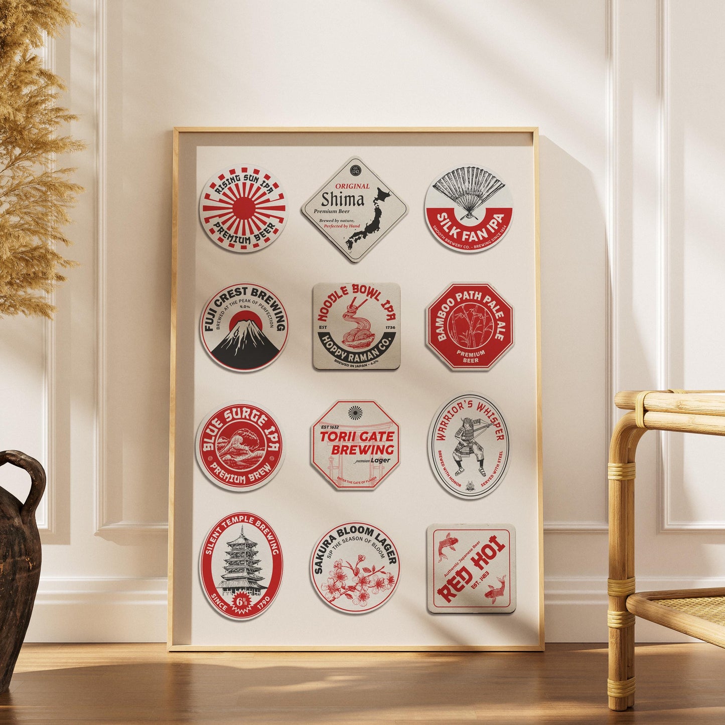Japan travel beer mat framed poster with beer culture and city landmarks, perfect for office or kitchen wall.