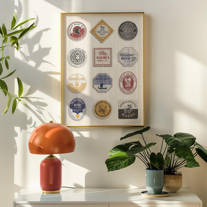 Greece Myth Travel art print featuring Zeus, Hera, and Mount Olympus. Perfect gift for beer lovers and mythology fans.