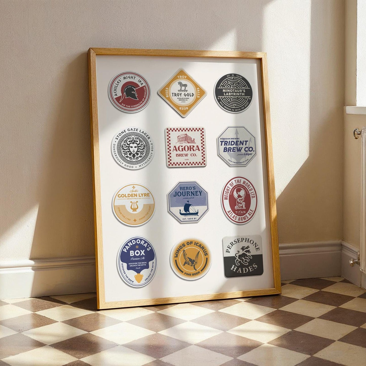 Ancient Greek coaster art print featuring Hermes, Artemis, and mythic symbols. Ideal gift for beer pint and pub décor.