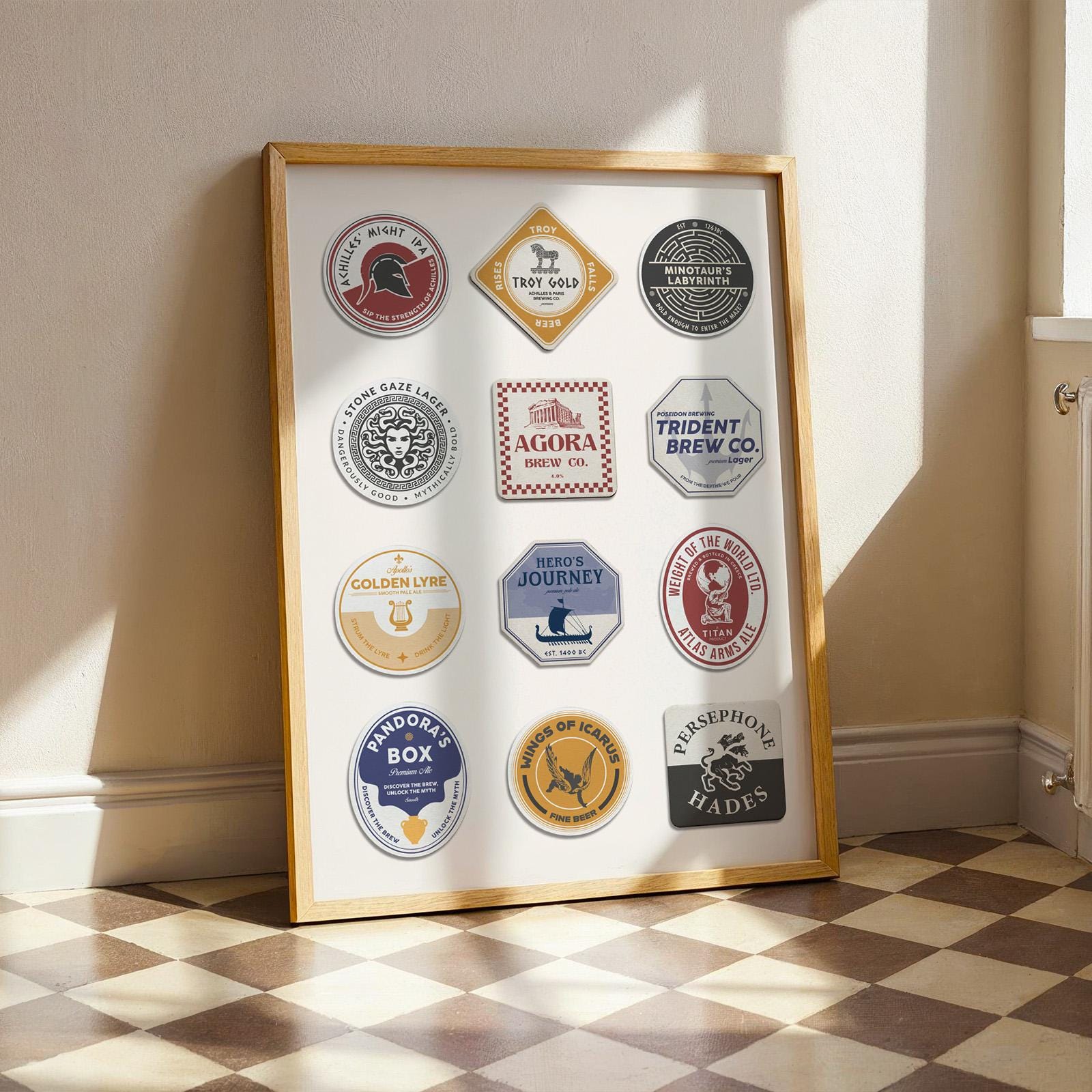 Ancient Greek coaster art print featuring Hermes, Artemis, and mythic symbols. Ideal gift for beer pint and pub décor.