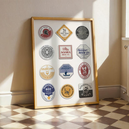 Ancient Greek coaster art print featuring Hermes, Artemis, and mythic symbols. Ideal gift for beer pint and pub décor.