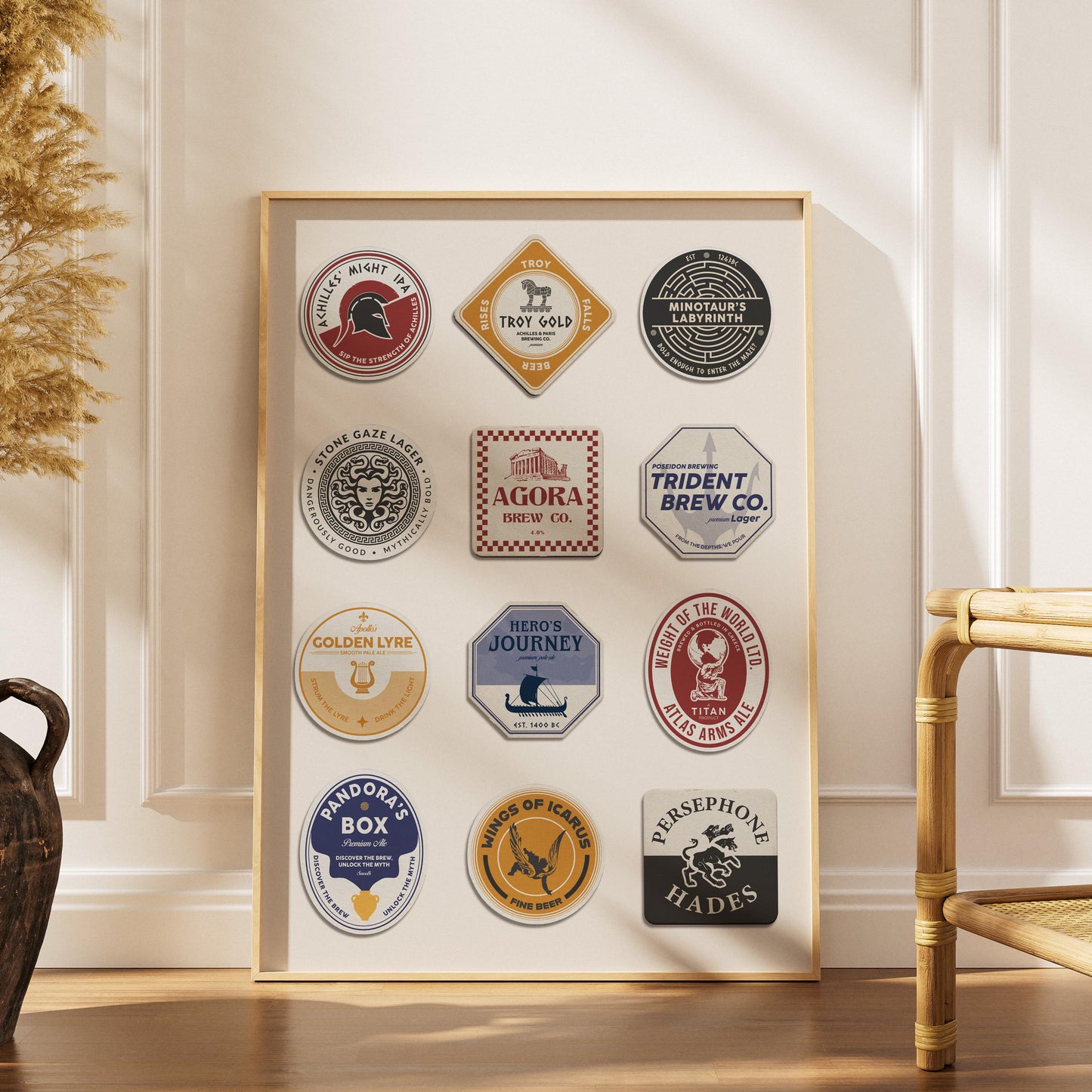 Beer mat featuring Athena, Ares, and famous Greek myths. Ideal gift for travellers and beer enthusiasts.