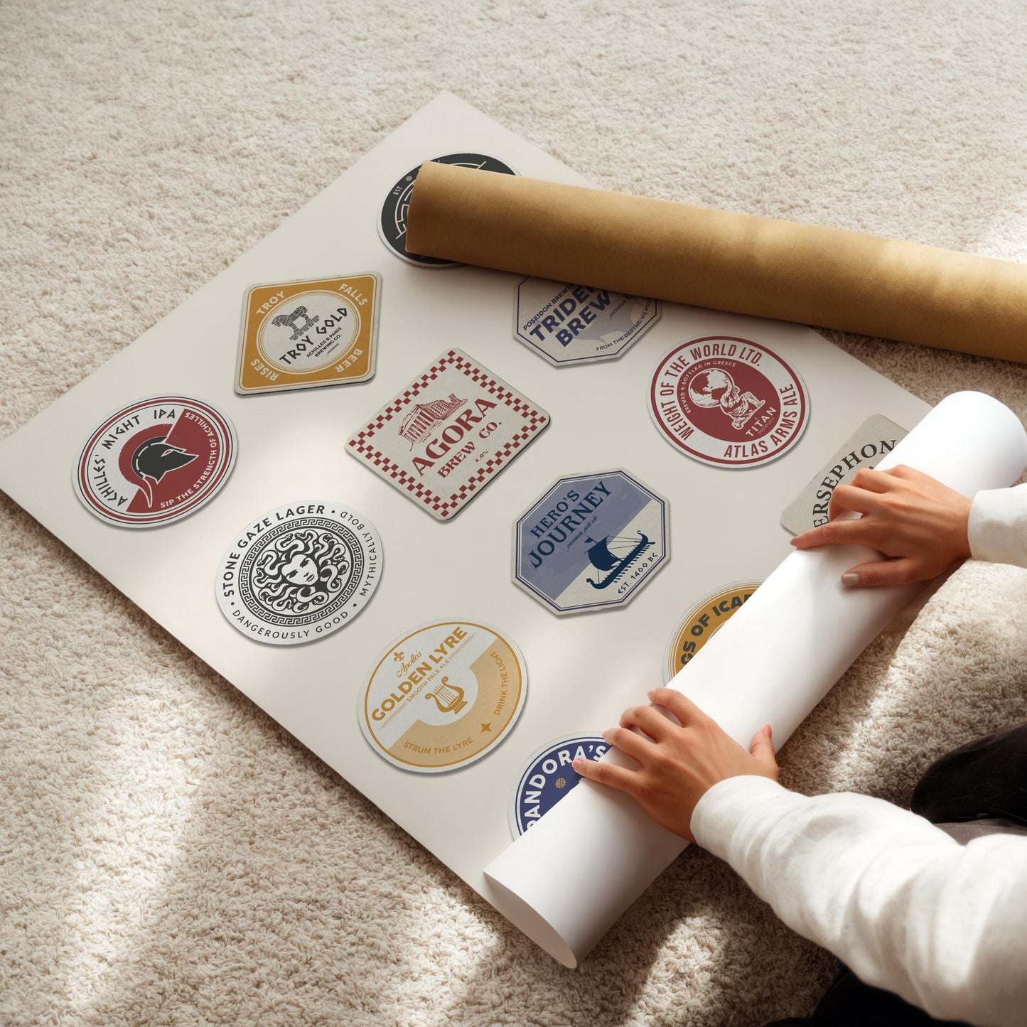 Greece Myth Pub coaster wall art with Zeus, Athena, myths of Olympus. Great for pub and home bar décor.