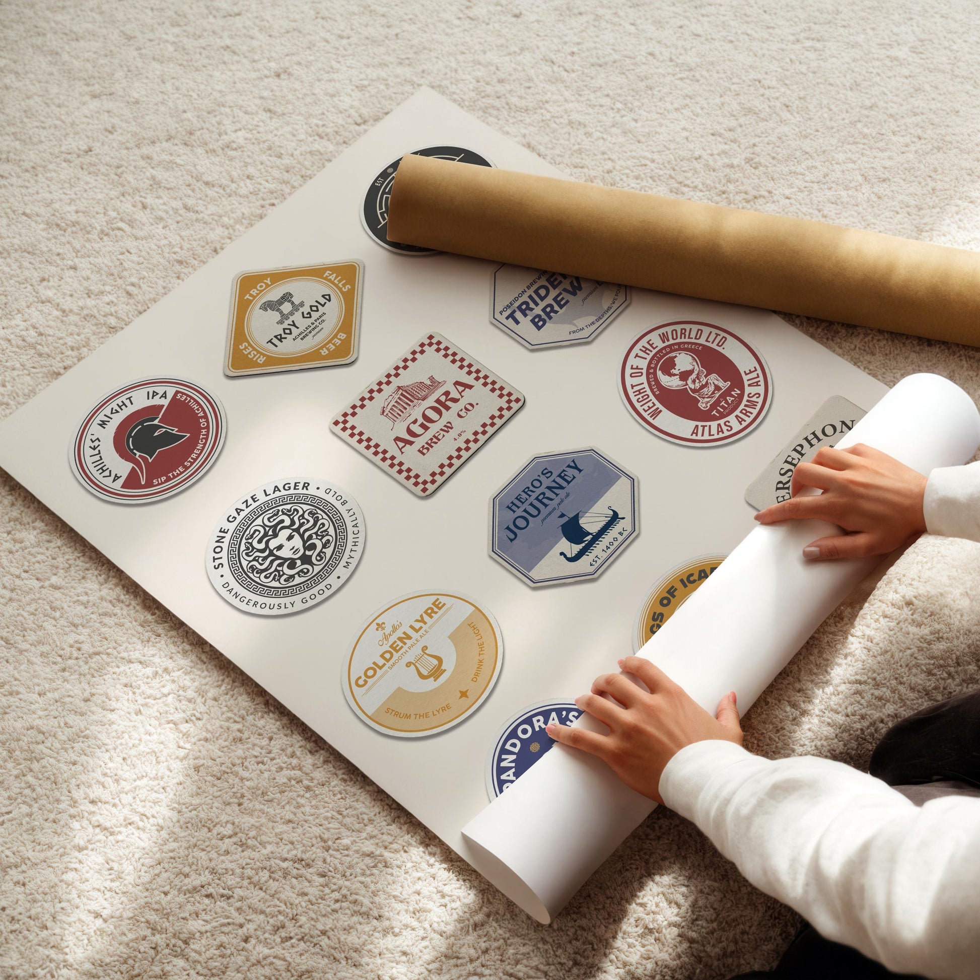 Greece Myth Pub coaster wall art with Zeus, Athena, myths of Olympus. Great for pub and home bar décor.