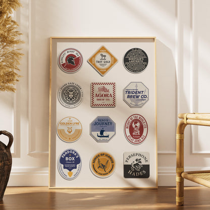 Digital pint coaster pub art with Hermes, Aphrodite, Greek legends. Printable gift for beer enthusiasts and myth fans.