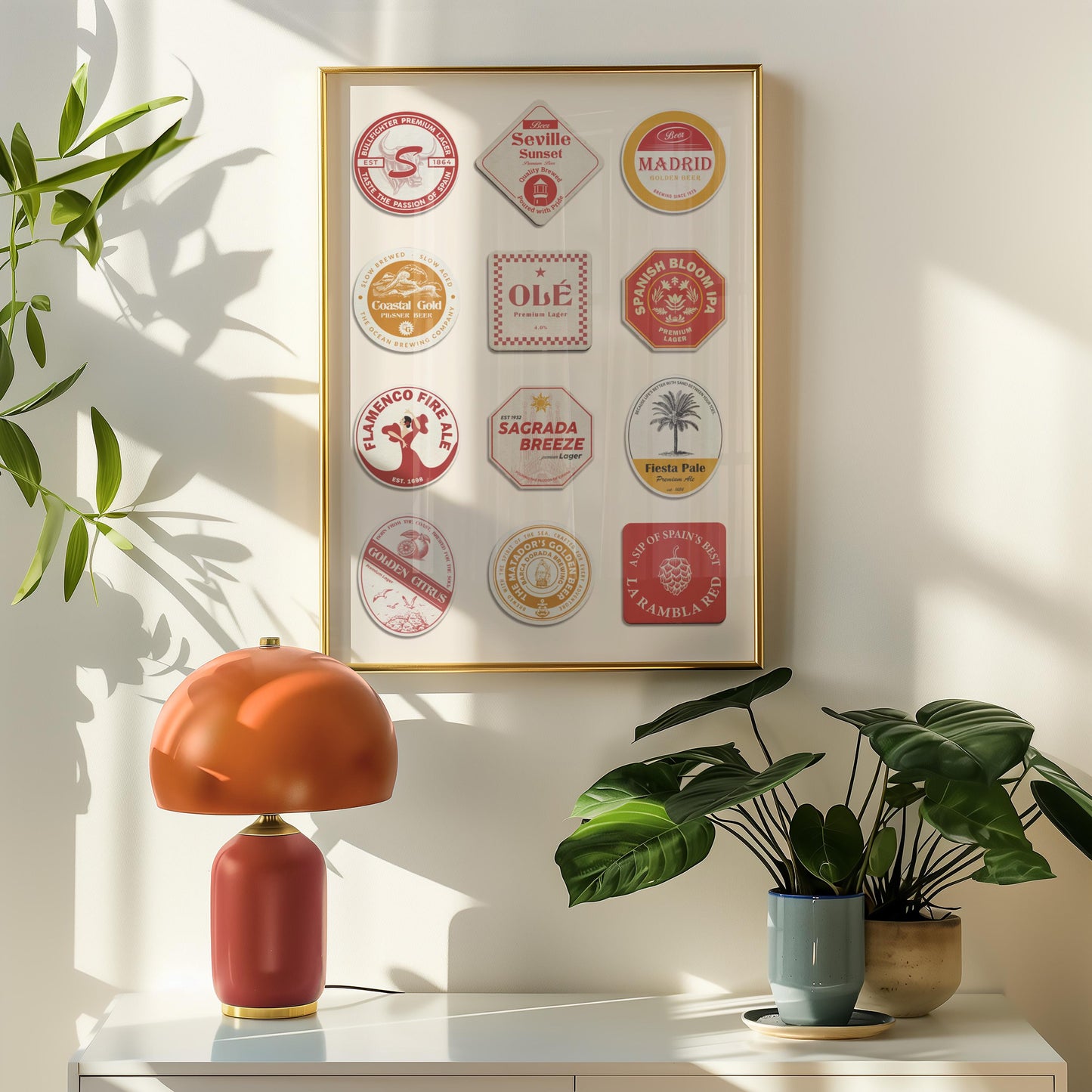 Handmade Spain pub travel print Madrid, Barcelona, Seville landmarks, traditions, perfect beer pint pub gift for travellers.