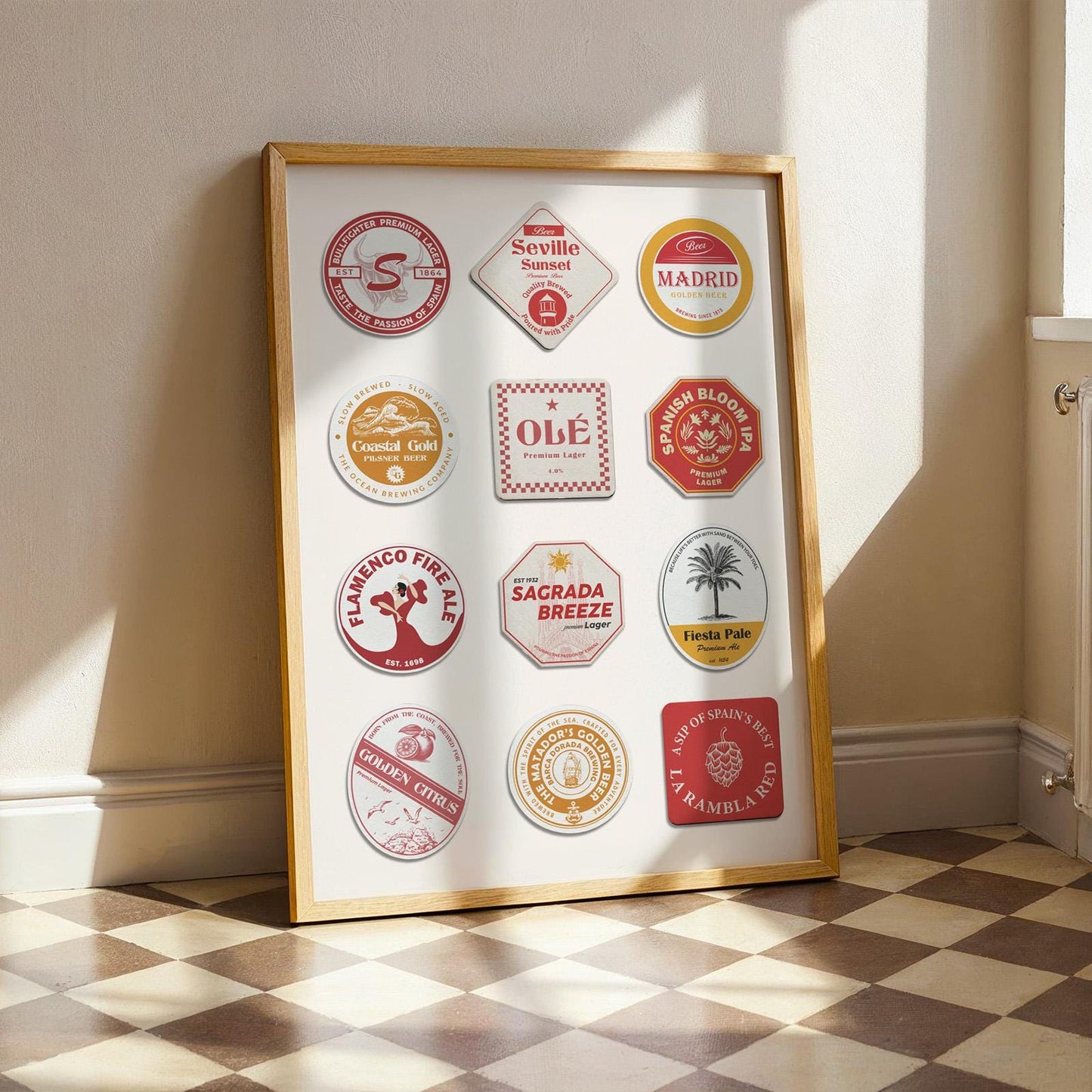Spain travel beer coaster Madrid, Barcelona, Ibiza, Sagrada Familia, flamenco, ideal pub gift for holiday beer lovers.